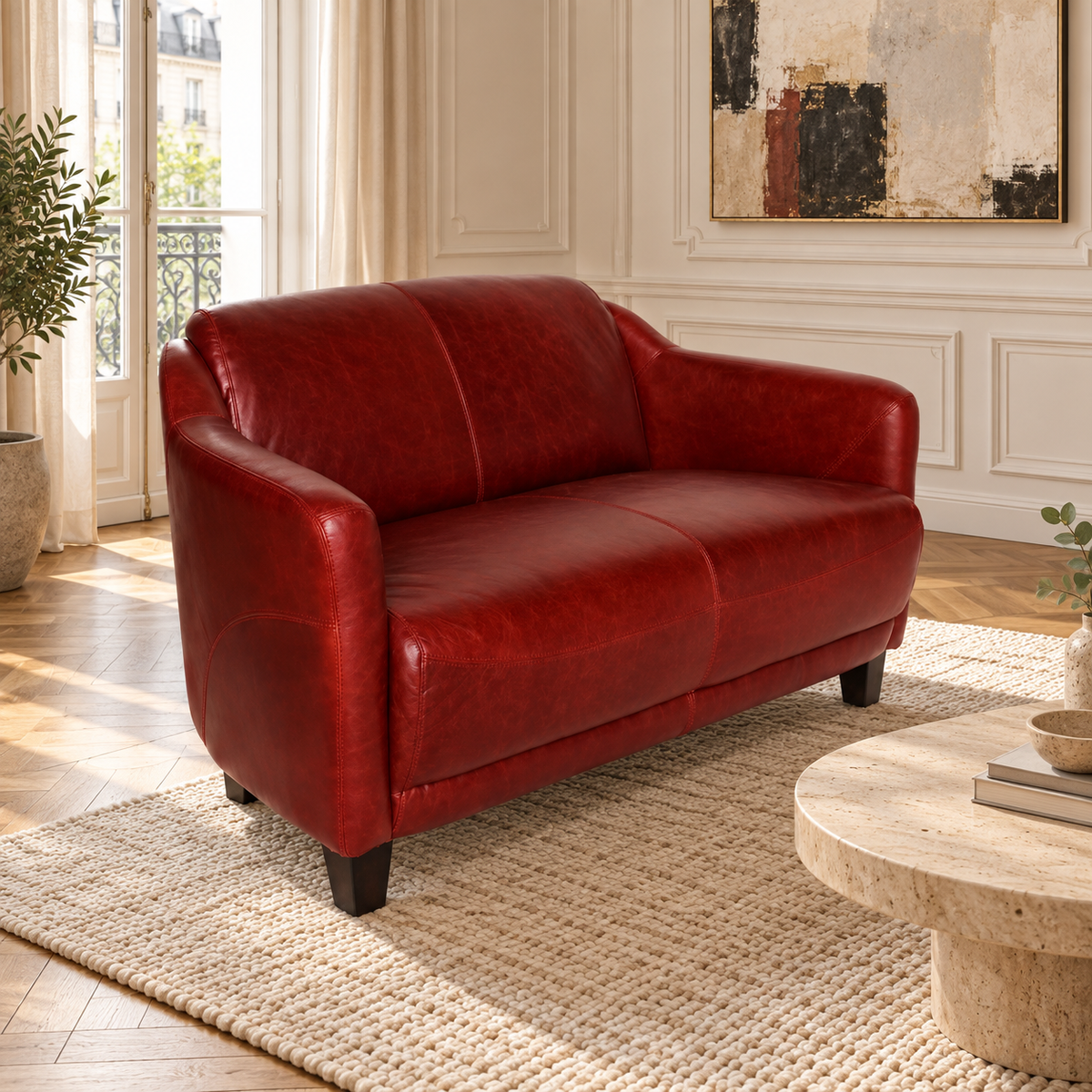 Canapé Gentleman Rouge en cuir véritable