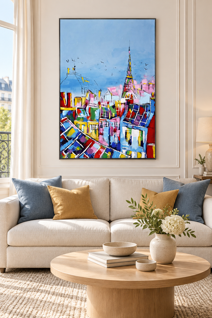 Impression sur toile avec cadre argent PARIS EN COULEURS