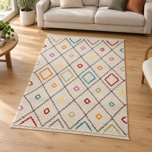 Tapis shaggy style berbère TRIBAL en ambiance dans un salon