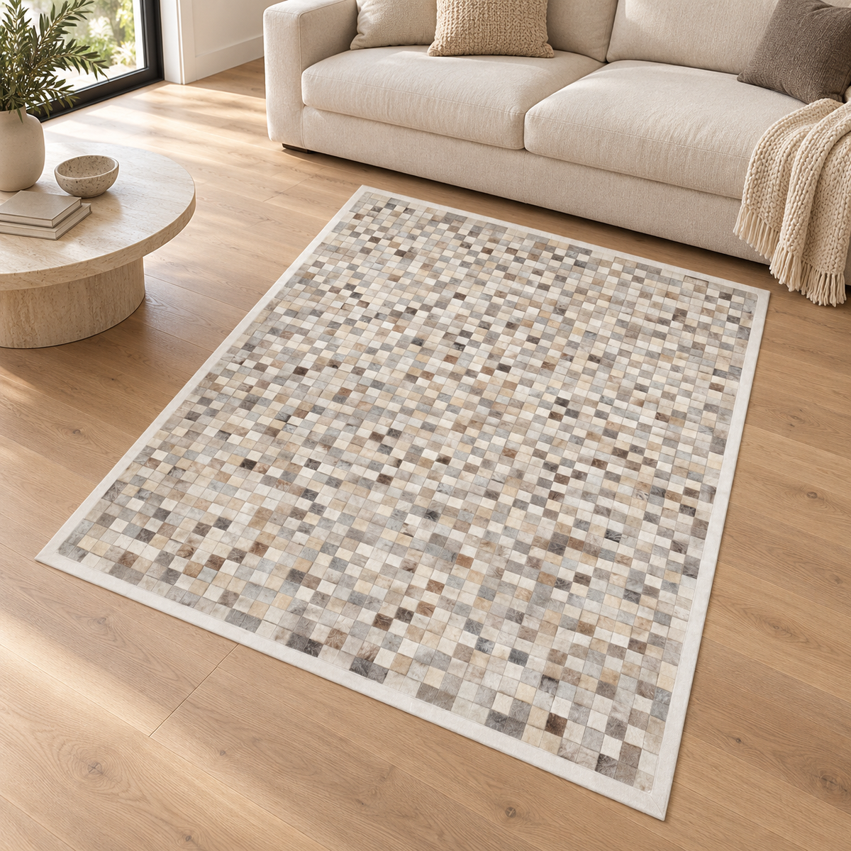 Tapis de salon moderne cuir véritable PATCHY en ambiance dans un salon