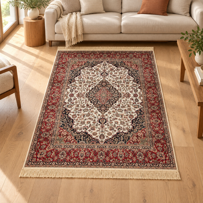 Tapis de salon style oriental en viscose FARSH MEDALLION dans une ambiance aménagée