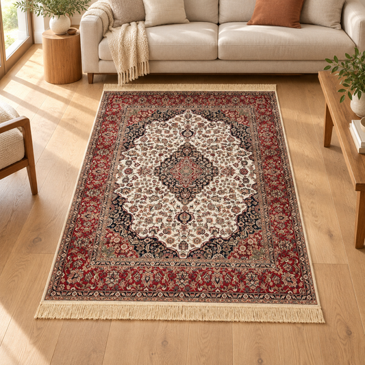 Tapis de salon style oriental en viscose FARSH MEDALLION dans une ambiance aménagée