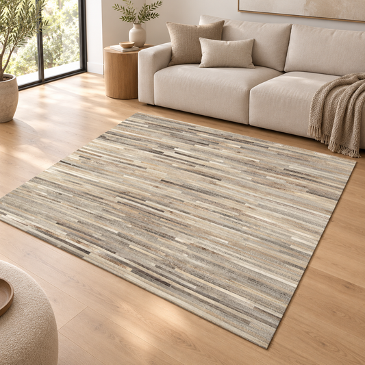 Tapis Salon Luxe Cuir de Vache PAMPA Stripes Light en ambiance dans un salon