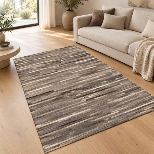 Tapis Salon Luxe Cuir de Vache PAMPA Stripes en ambiance dans un salon