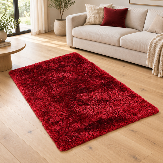 Tapis salon confort shaggy SPLASH Rouge en ambiance dans un salon