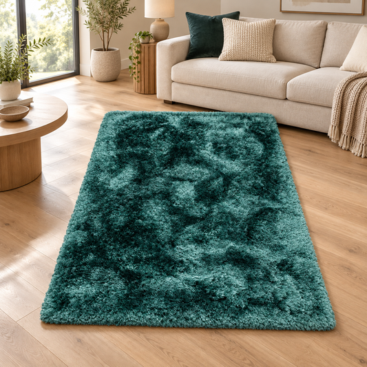 Tapis salon confort shaggy SPLASH Bleu Pétrole en ambiance dans un salon
