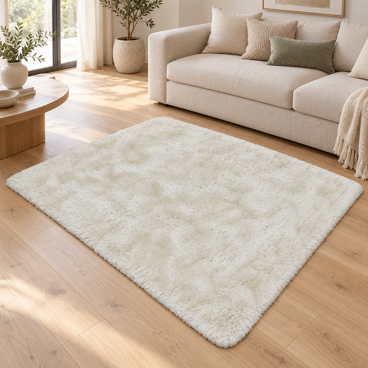 Tapis salon confort shaggy SPLASH Blanc en ambiance dans un salon