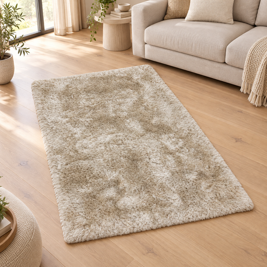 Tapis salon confort shaggy SPLASH Beige en ambiance dans un salon