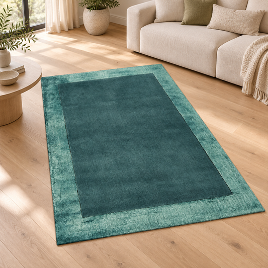 Tapis Laine fait main TOSCA Turquoise en ambiance dans un salon