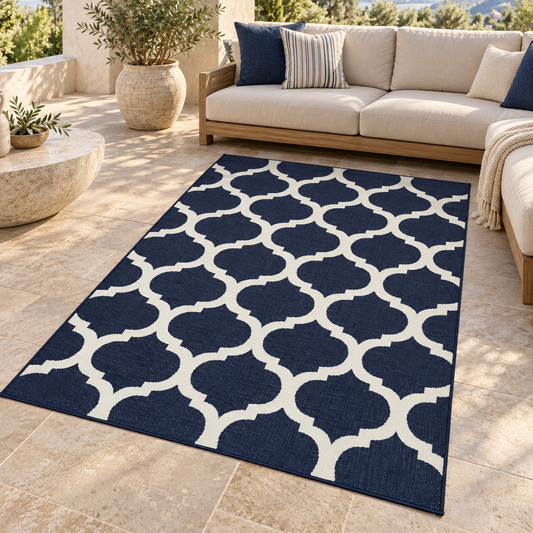 Tapis en polypropylène intérieur extérieur GORBIO en ambiance sur une terrasse