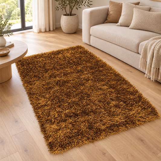 Tapis shaggy Design et Moderne FURRY Bronze en ambiance dans un salon