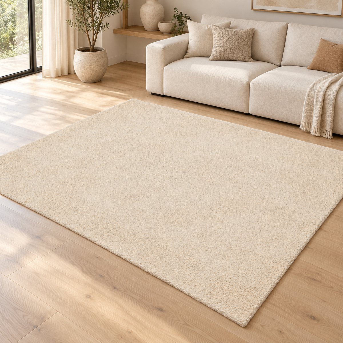 Tapis de salon shaggy moderne TITO Beige dans un salon élégant