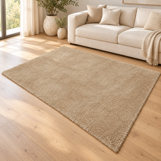 Tapis de salon shaggy moderne TITO Beige foncé dans un salon élégant