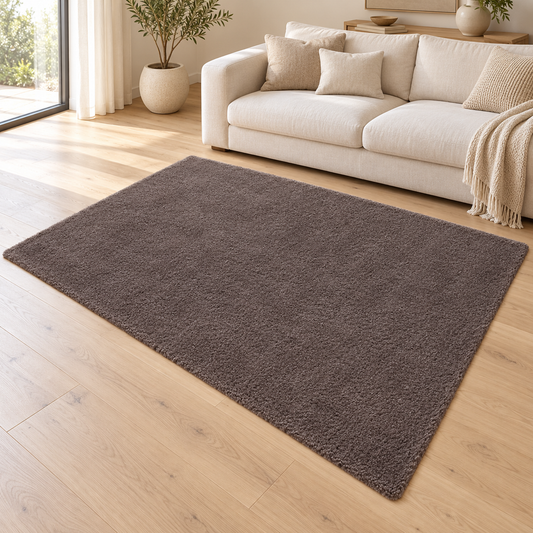 Tapis de salon shaggy moderne TITO Marron dans un salon élégant