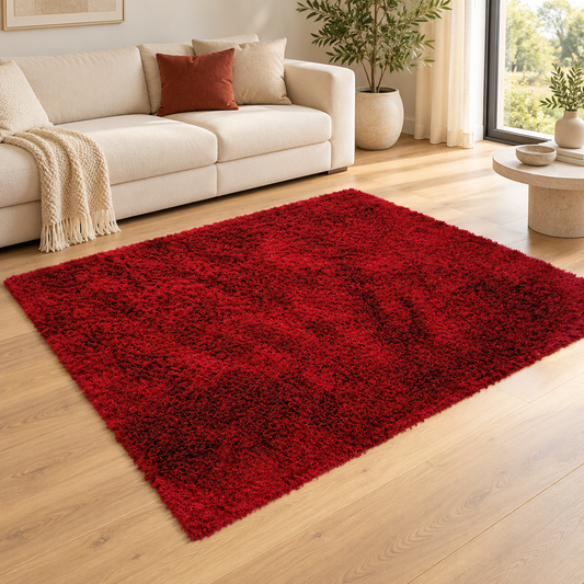 Tapis de salon Moderne poils longs DONNA Rouge dans un salon élégant