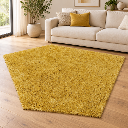 Tapis de salon Moderne poils longs DONNA Jaune dans un salon élégant