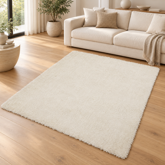 Tapis de salon Moderne poils longs DONNA Blanc dans un salon élégant