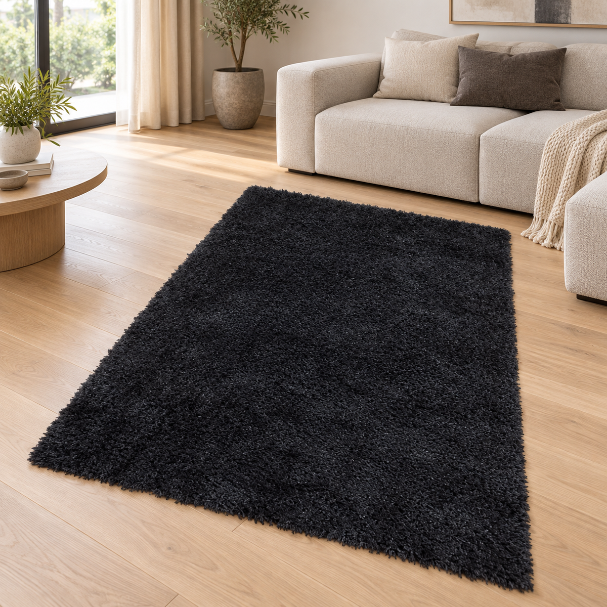 Tapis de salon Moderne poils longs DONNA Noir en ambiance