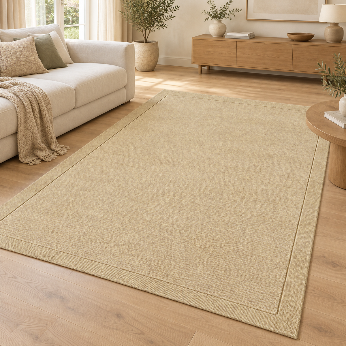 Tapis de Salon Moderne uni Pure Laine CANDY Beige dans un salon élégant