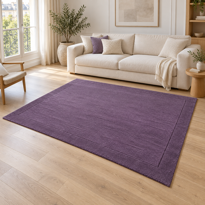 Tapis de Salon Moderne uni Pure Laine CANDY Violet entièrement visible dans un salon lumineux — photo ambiance