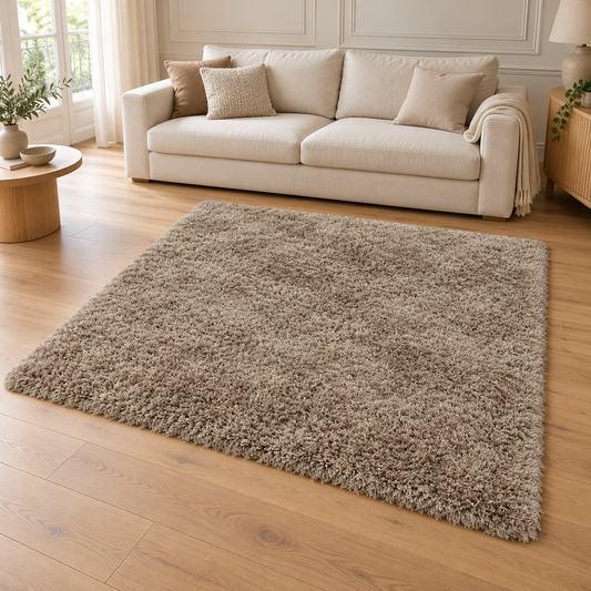 Tapis de salon shaggy FLOOD Taupe entièrement visible dans un salon lumineux — photo ambiance