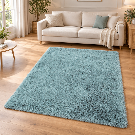 Tapis de salon shaggy FLOOD Bleu entièrement visible dans un salon lumineux — photo ambiance