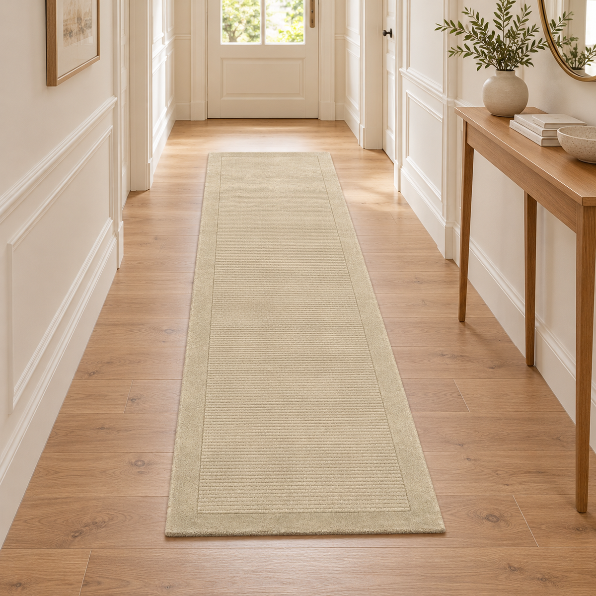 Tapis de couloir uni pure laine CANDY Beige entièrement visible en situation