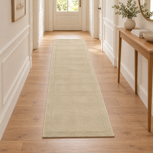 Tapis de couloir uni pure laine CANDY Beige entièrement visible en situation