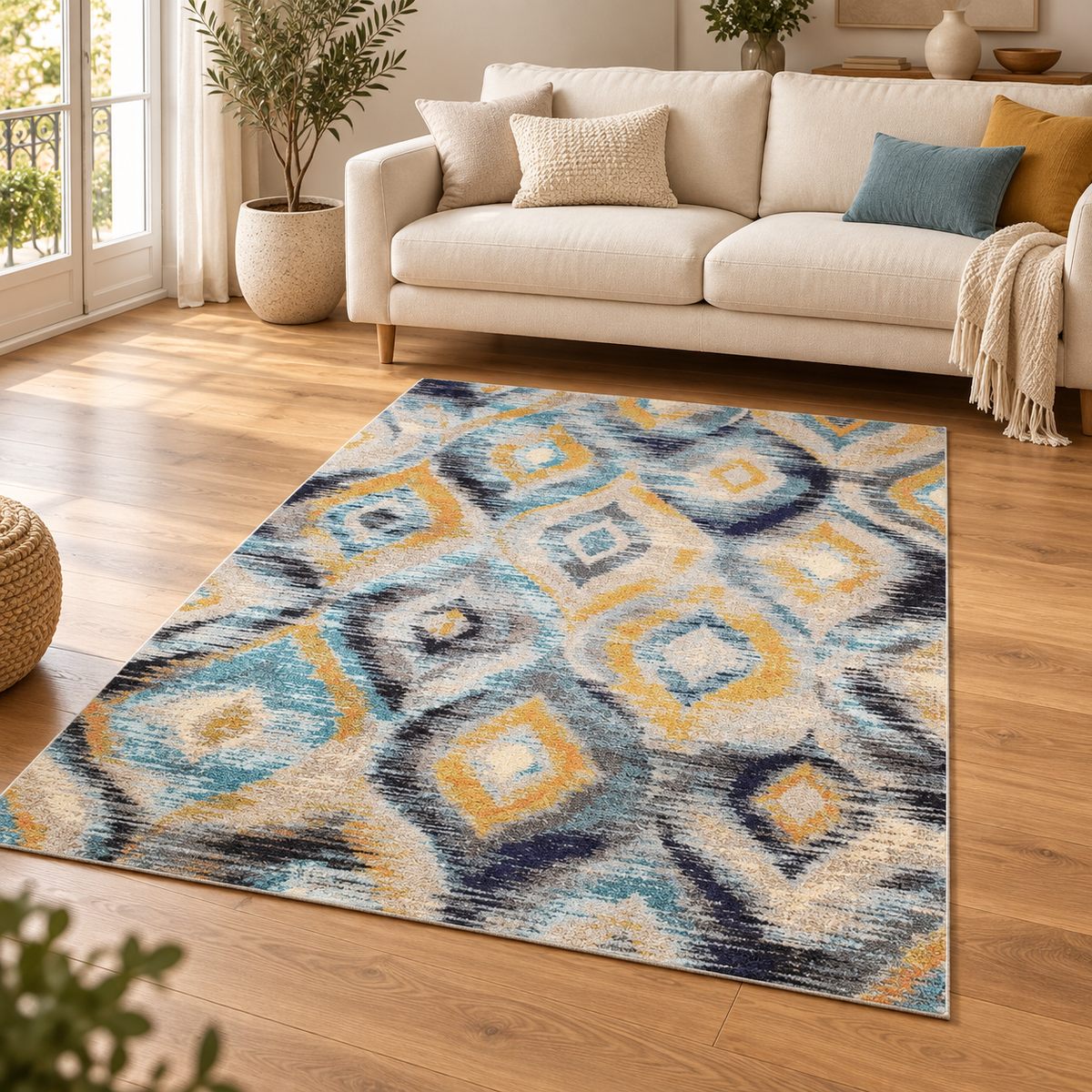 Tapis tissé plat à motifs BLUSH dans un salon élégant