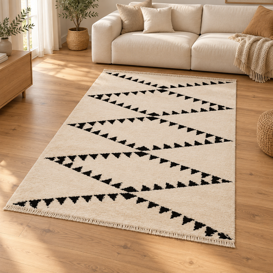 Tapis style berbère à franges effet laine DIKO dans un salon élégant