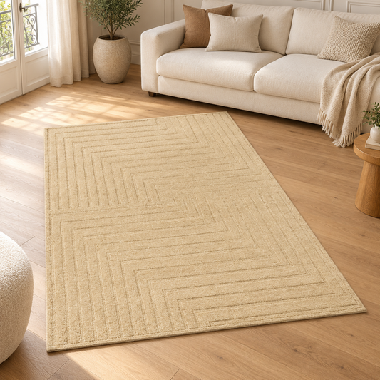 Tapis pure laine uni tufté main relief SQUARE dans un salon élégant