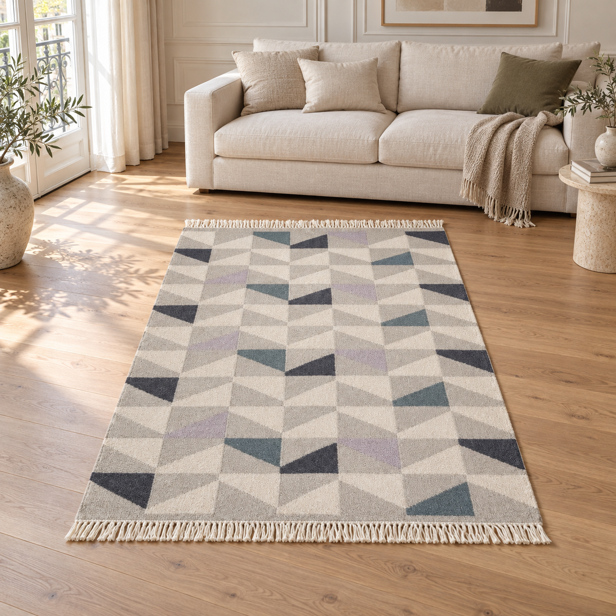 Tapis pure laine à franges JITNEY GEO en situation