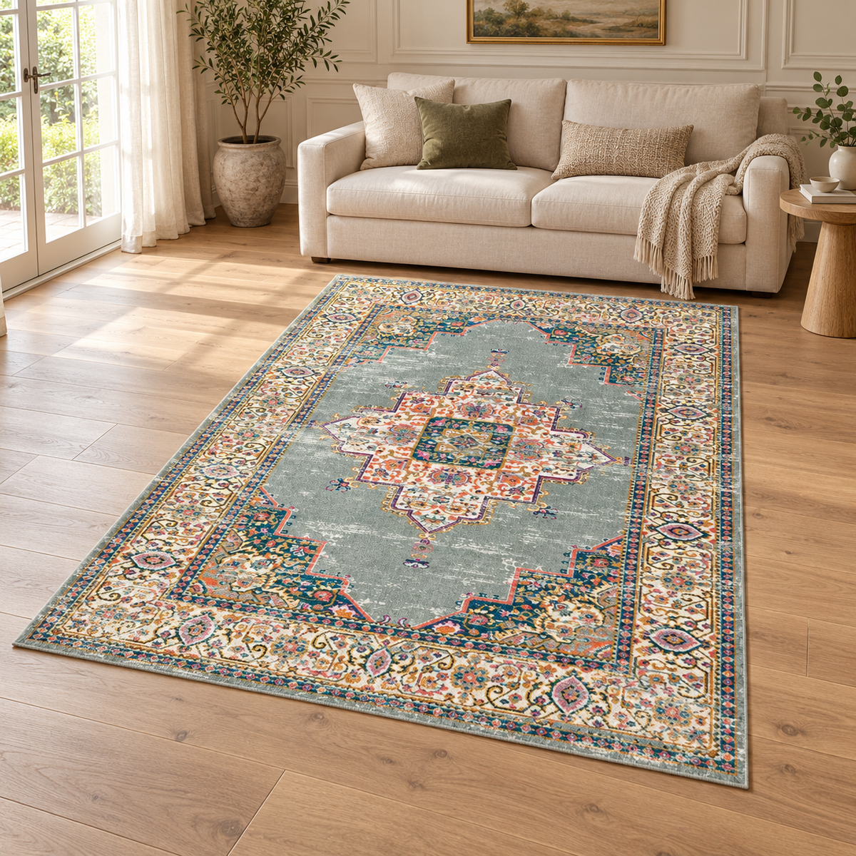 Tapis de salon tissé plat style orient WESSON MEDAILLON en situation