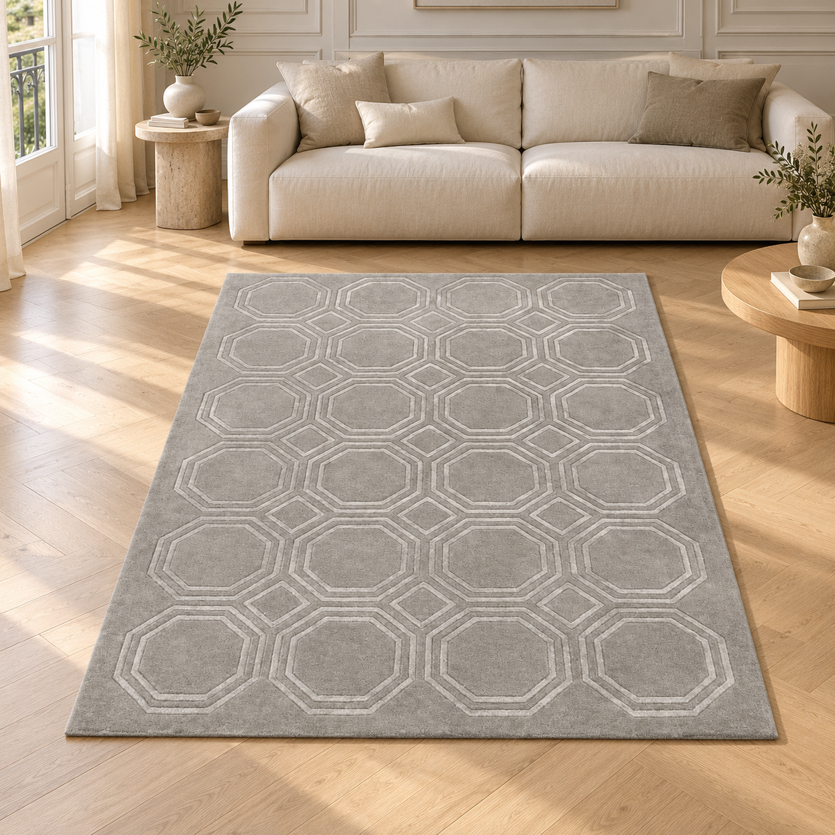 Tapis de salon moderne tissé main en laine NAVEL en situation
