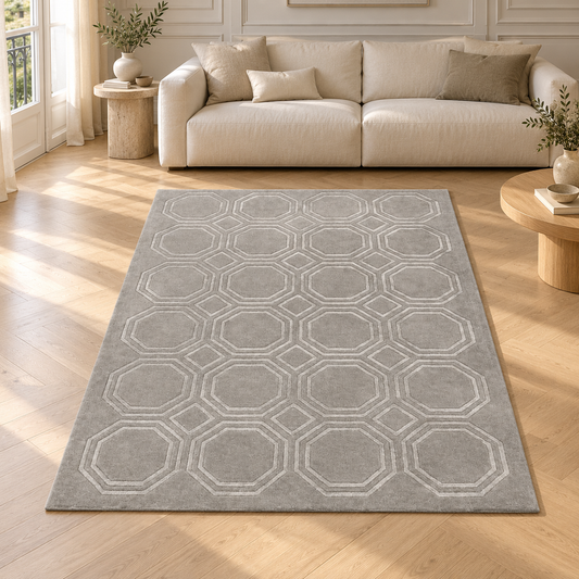 Tapis de salon moderne tissé main en laine NAVEL en situation
