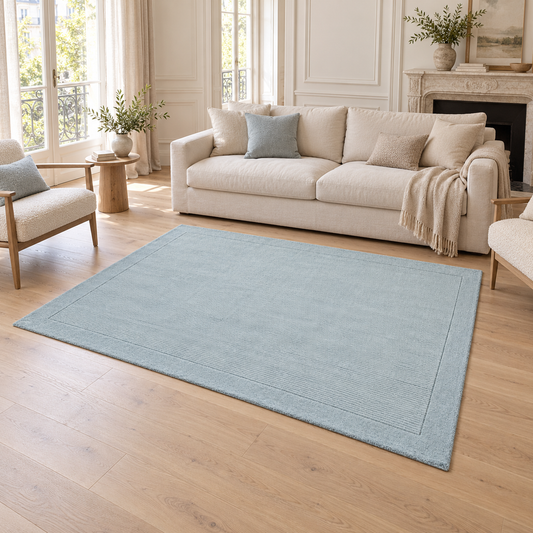 Tapis CANDY Bleu entièrement visible dans un salon lumineux