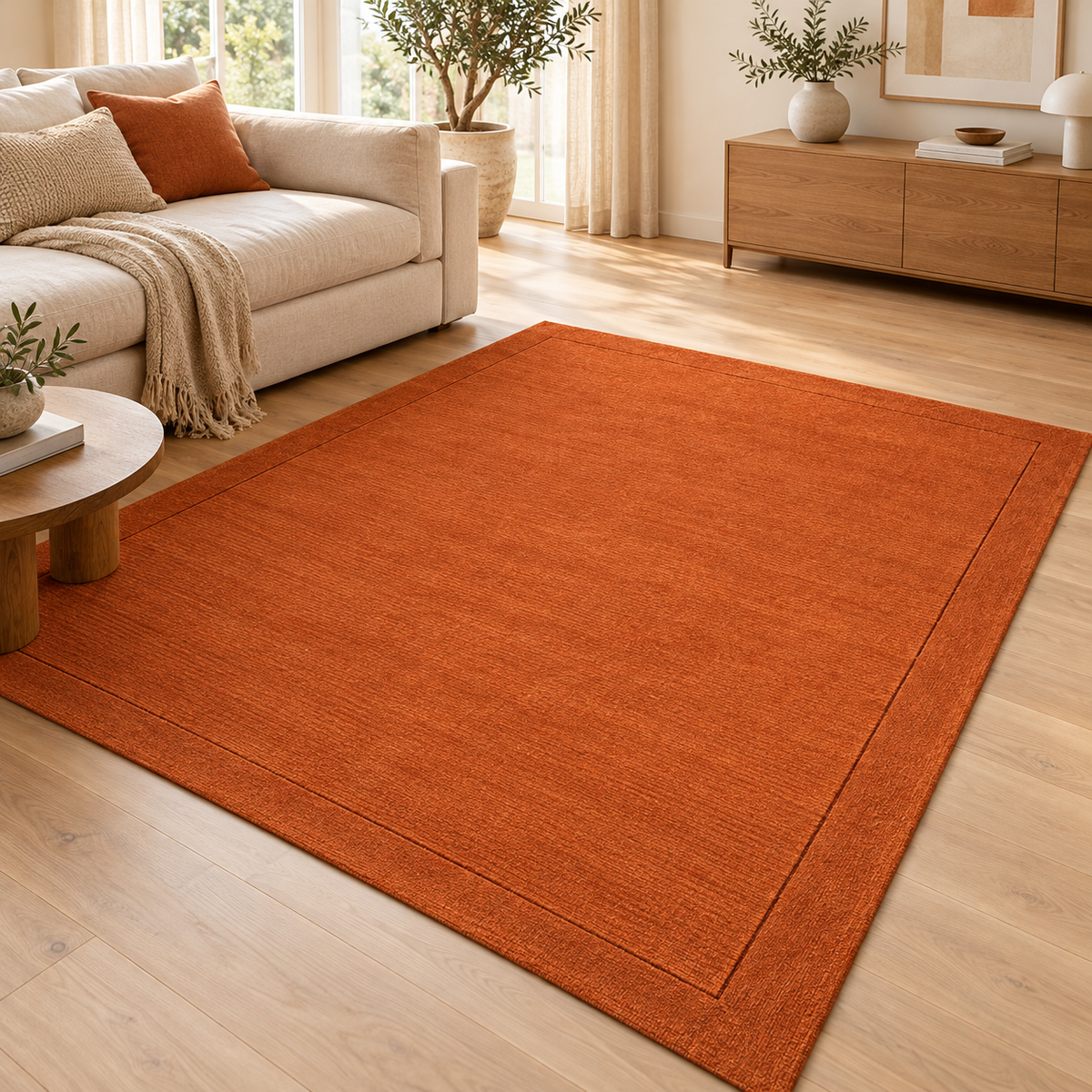 Tapis de Salon Moderne uni Pure Laine CANDY Orange dans un salon élégant