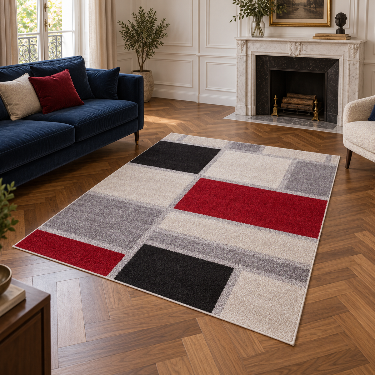 Tapis CHESSO entièrement visible en situation — ambiance Novatrend
