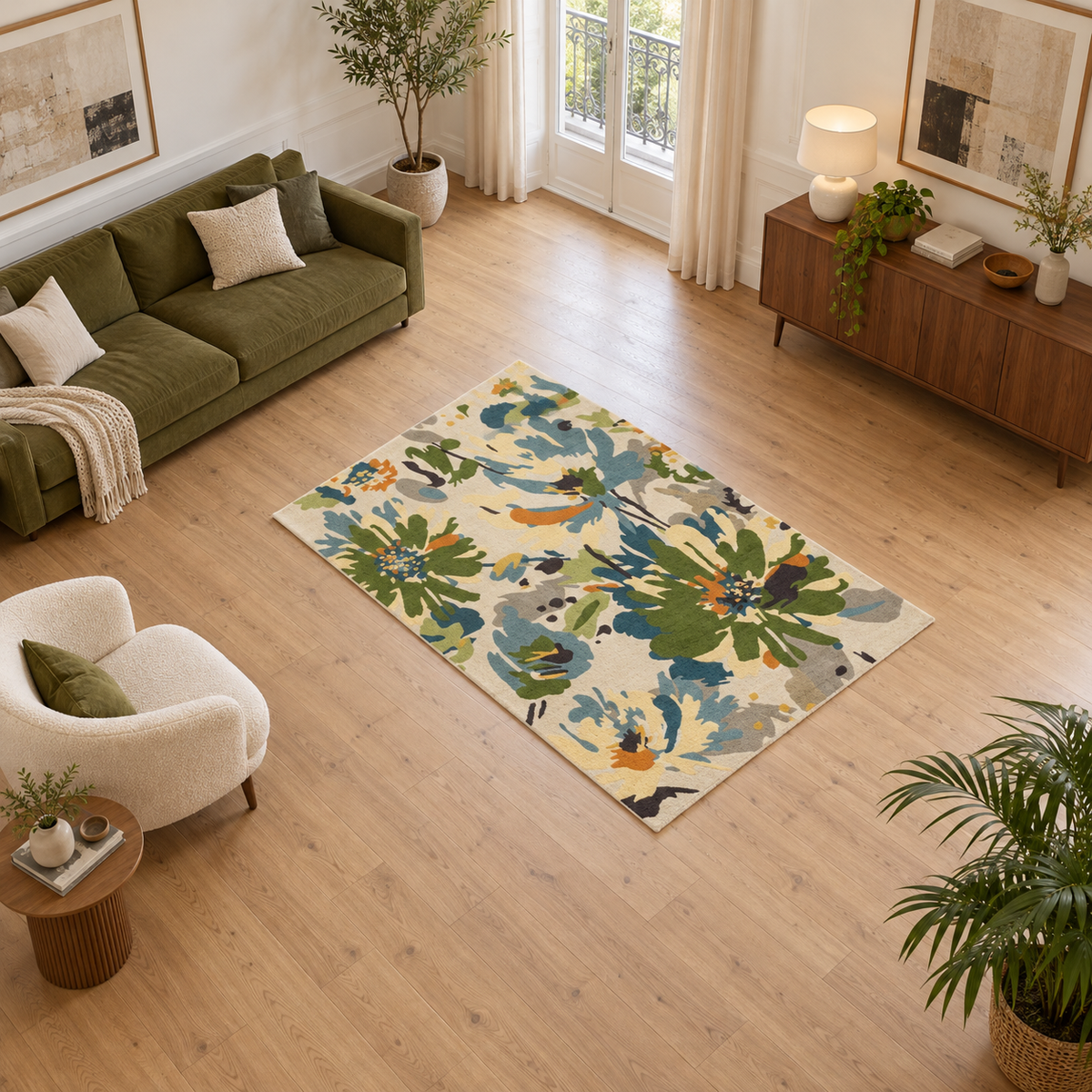 Tapis FLORY entièrement visible en situation — ambiance Novatrend