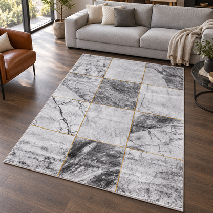 Tapis GRANITA entièrement visible dans un salon contemporain — ambiance Novatrend