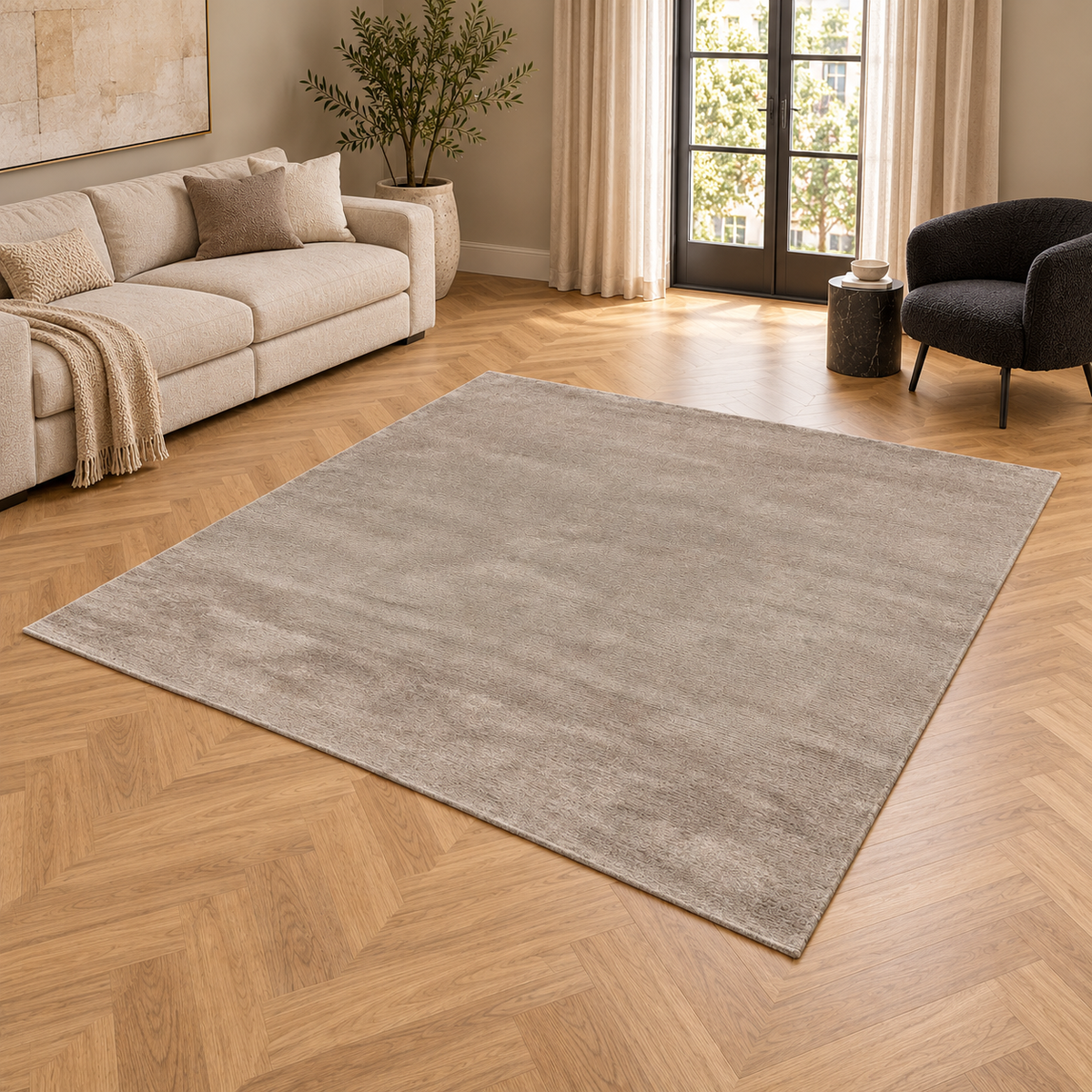 Tapis PASTEL-MOCHA entièrement visible en situation — ambiance Novatrend