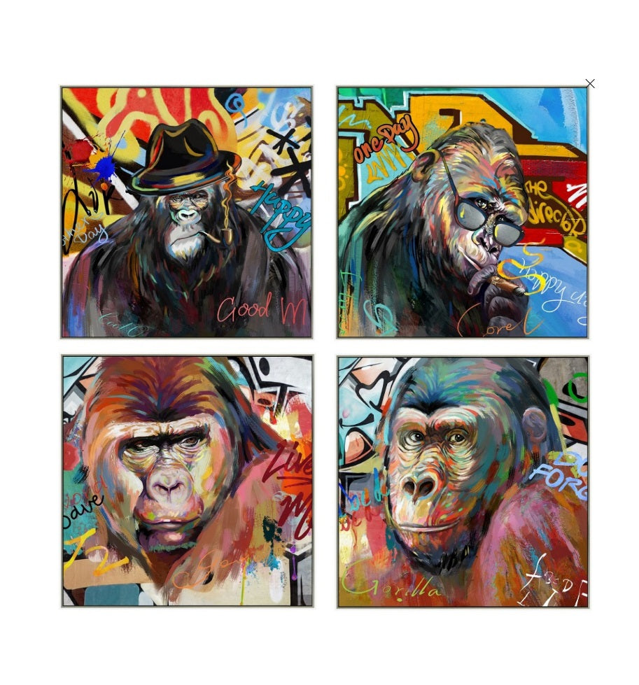 Impression sur toile avec cadre argent GORILLE FAMILY Set de 4 - Novatrend 